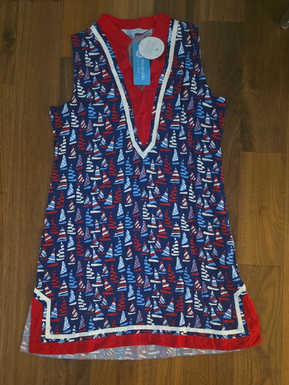 escapada Red and Navy Printed V-Neck Tunic